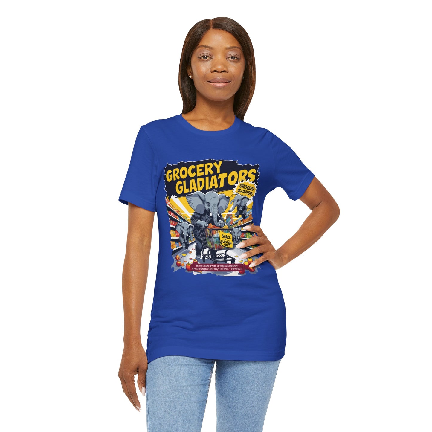 Grocery Gladiators T-shirt, Funny Elephant Mom, Comic Chaos, Parenting Humor