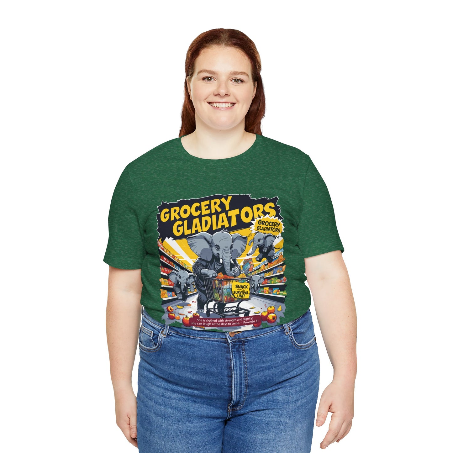 Grocery Gladiators T-shirt, Funny Elephant Mom, Comic Chaos, Parenting Humor