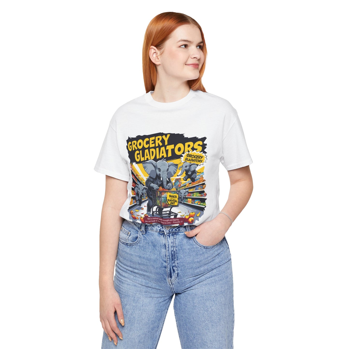 Grocery Gladiators T-shirt, Funny Elephant Mom, Comic Chaos, Parenting Humor
