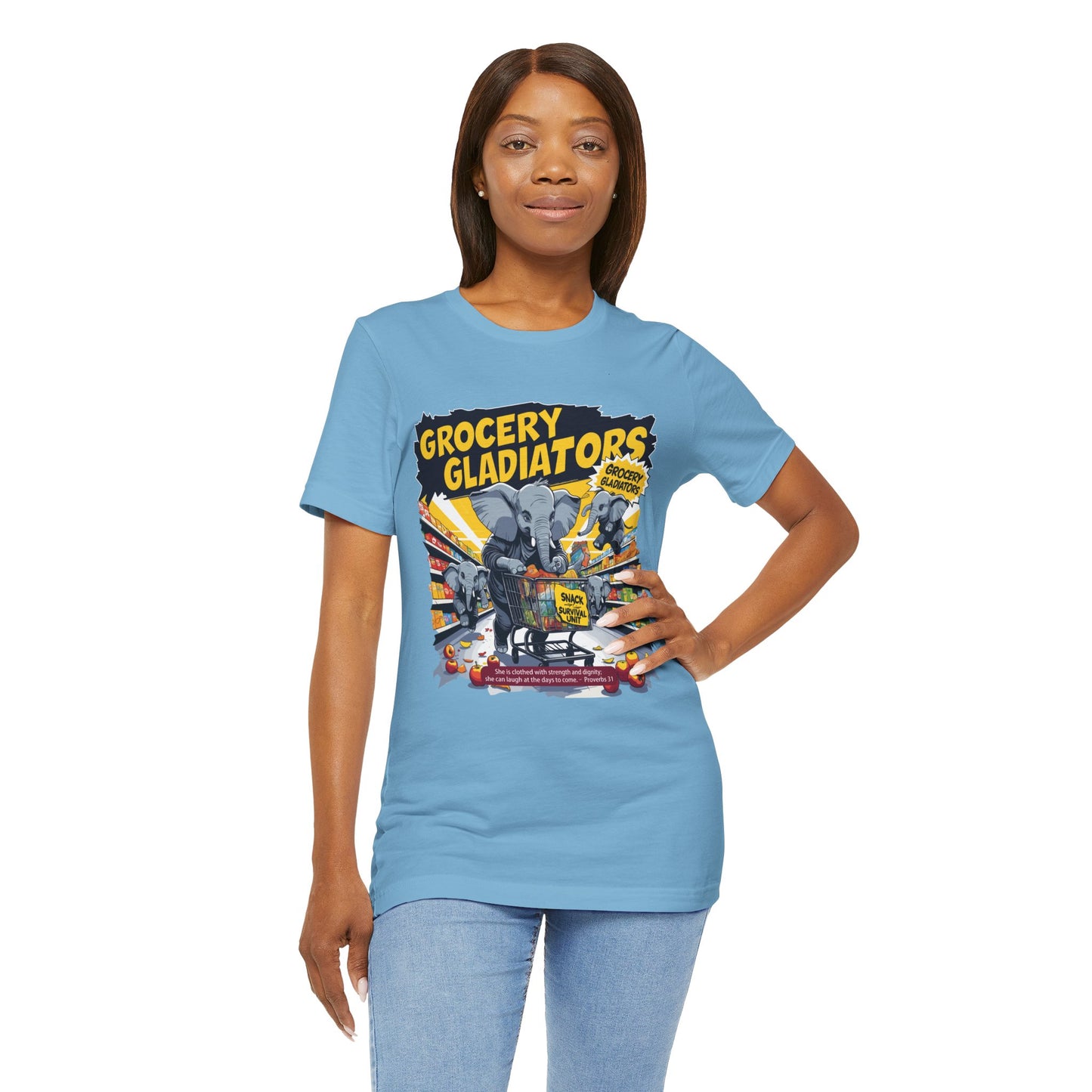Grocery Gladiators T-shirt, Funny Elephant Mom, Comic Chaos, Parenting Humor