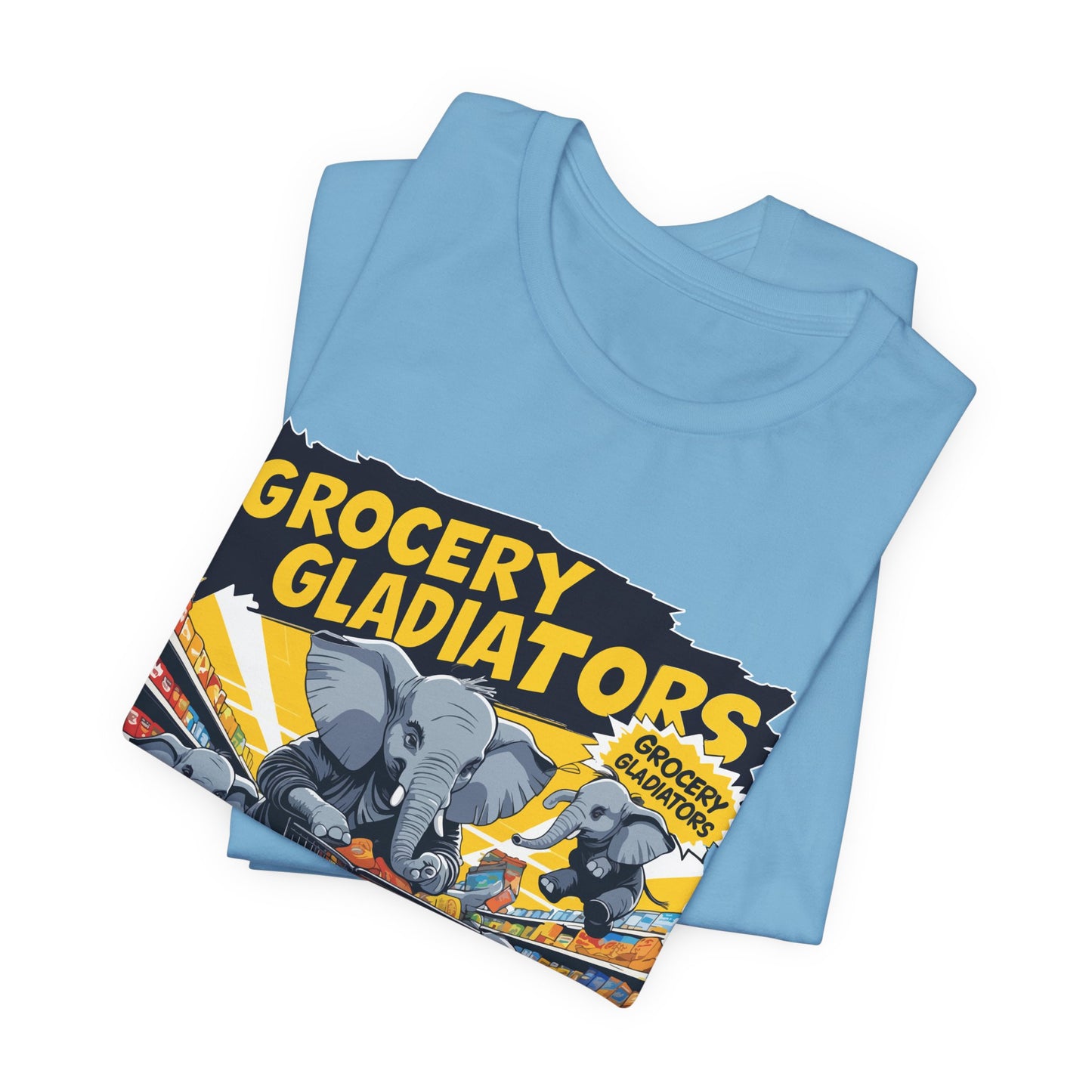 Grocery Gladiators T-shirt, Funny Elephant Mom, Comic Chaos, Parenting Humor