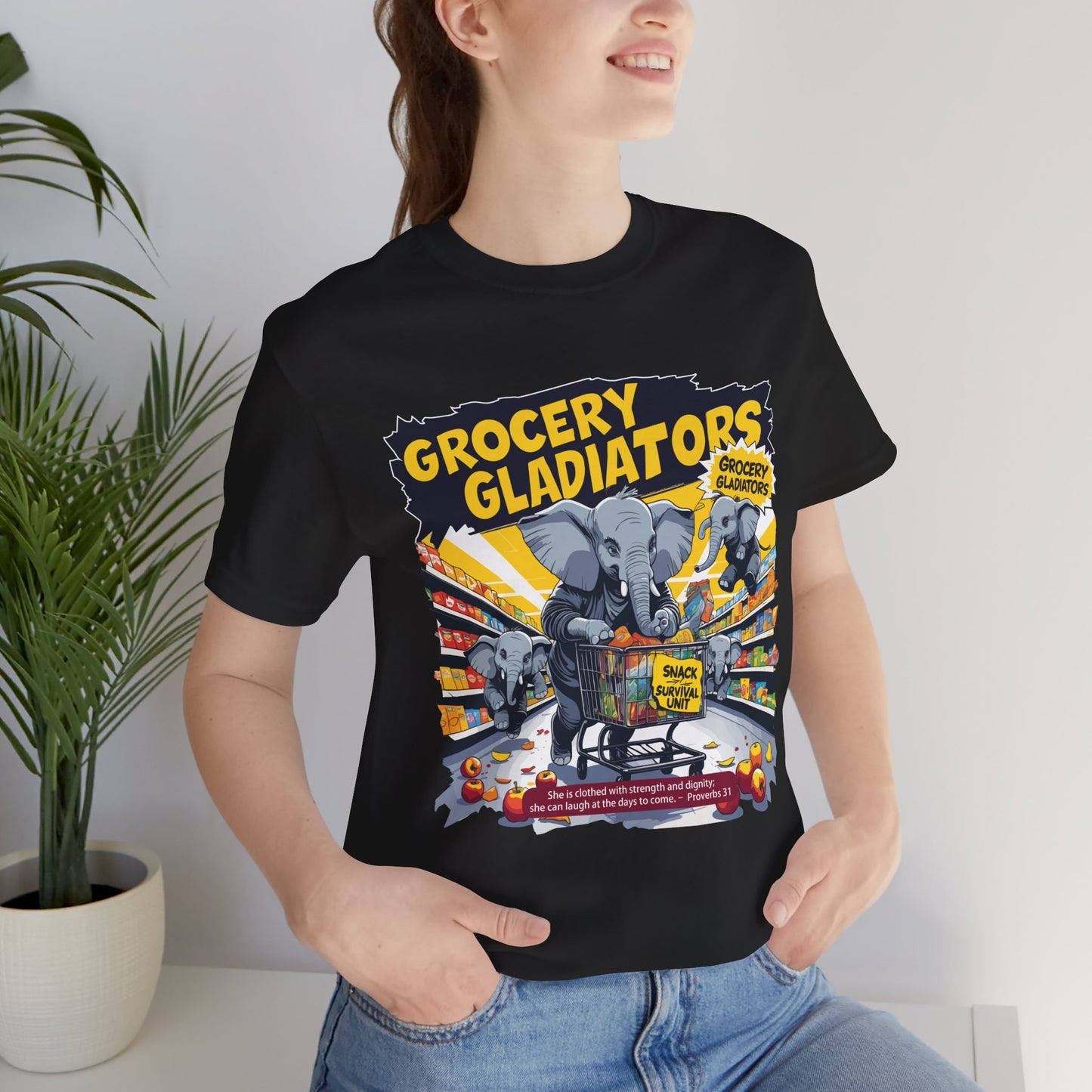 Grocery Gladiators T-shirt, Funny Elephant Mom, Comic Chaos, Parenting Humor