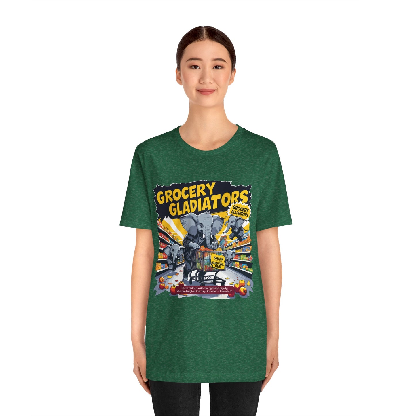 Grocery Gladiators T-shirt, Funny Elephant Mom, Comic Chaos, Parenting Humor