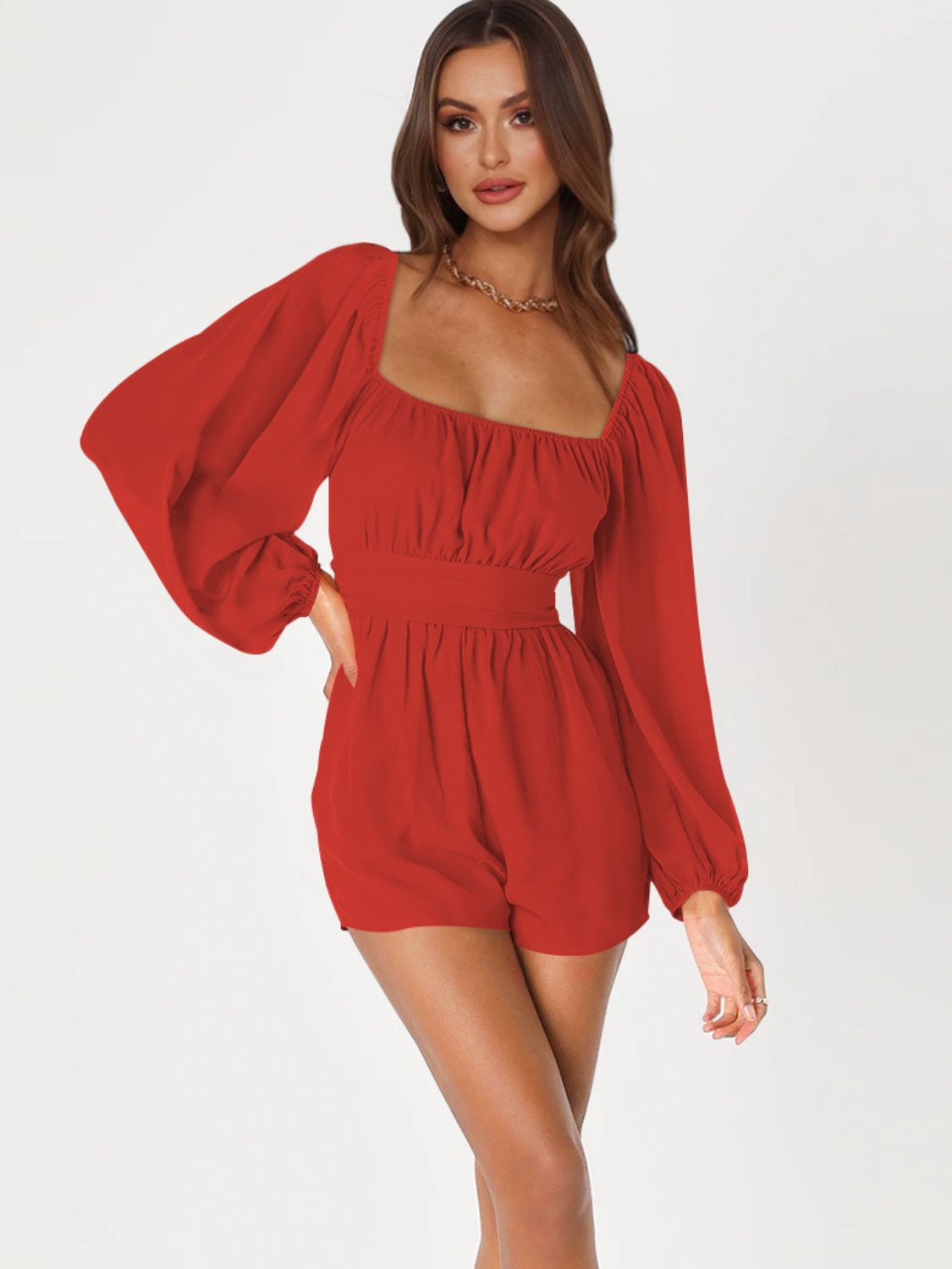 Tie Back Smocked Balloon Sleeve Romper