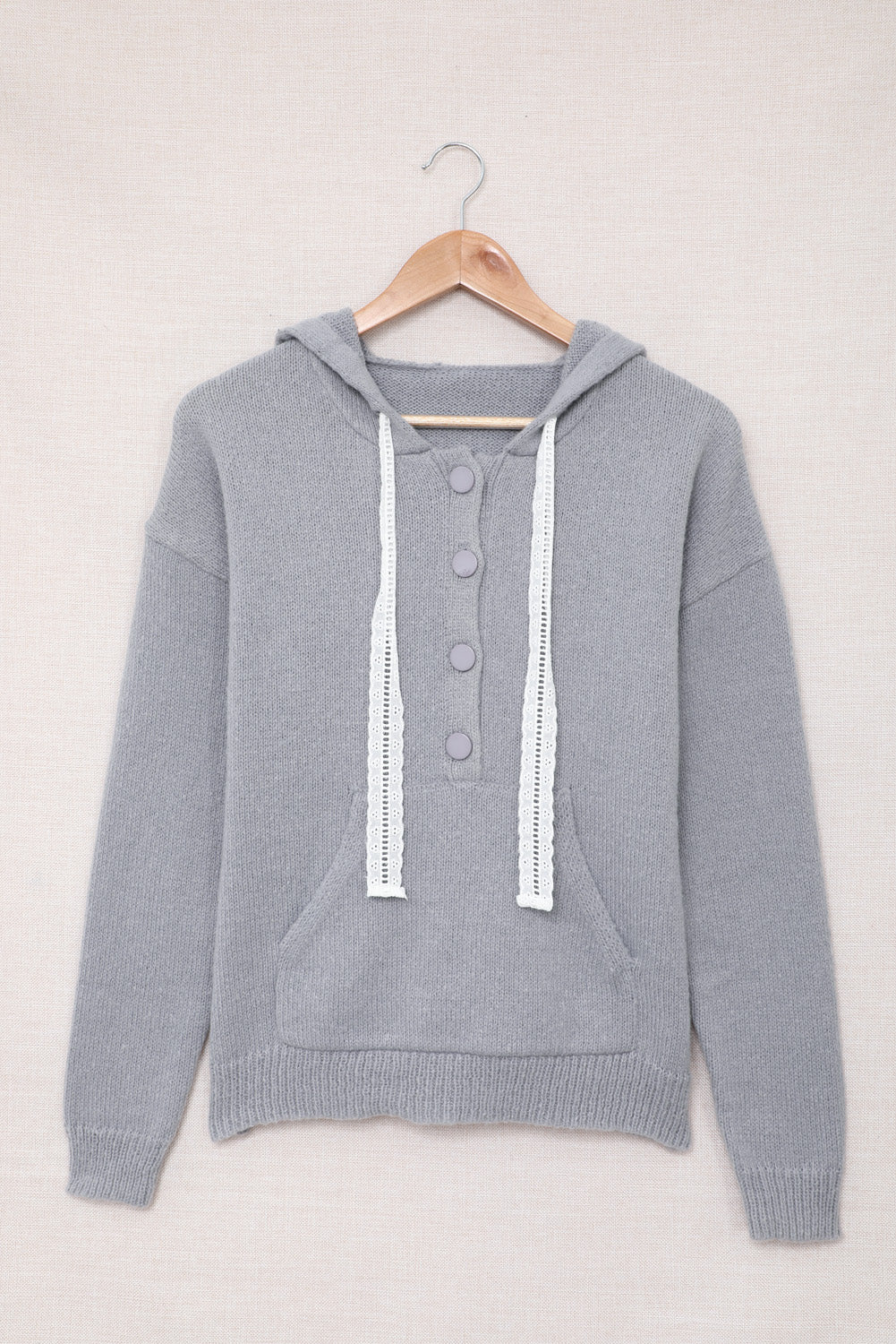 Lace Trim Half-Button Drawstring Knit Hoodie