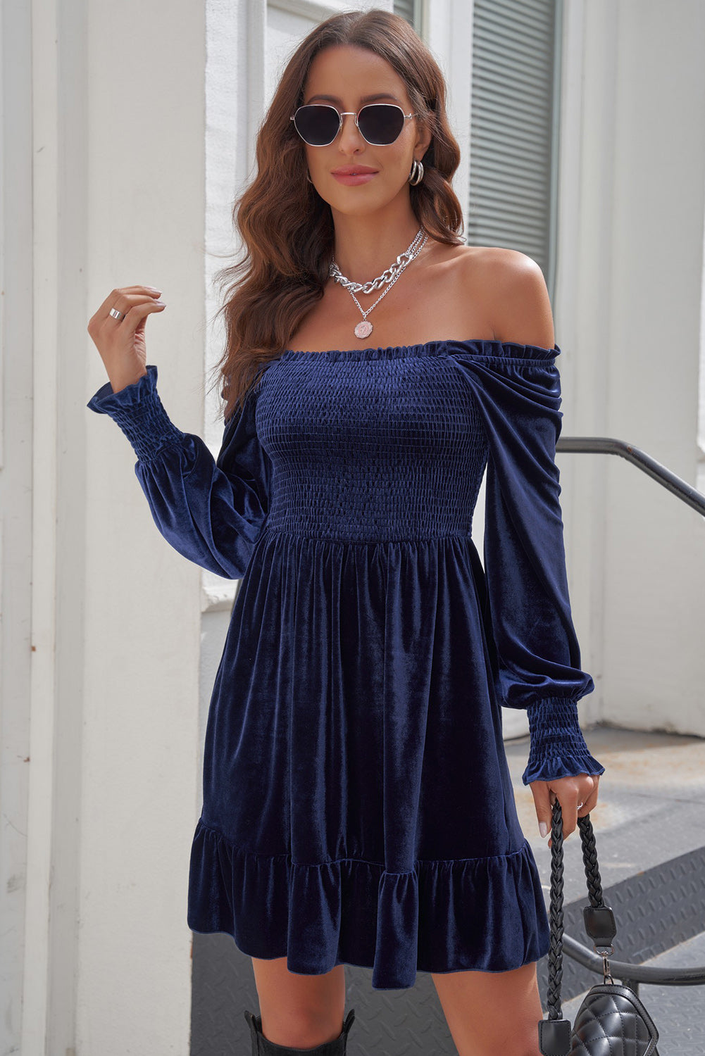 Off-Shoulder Smocked Ruffle Hem Dress