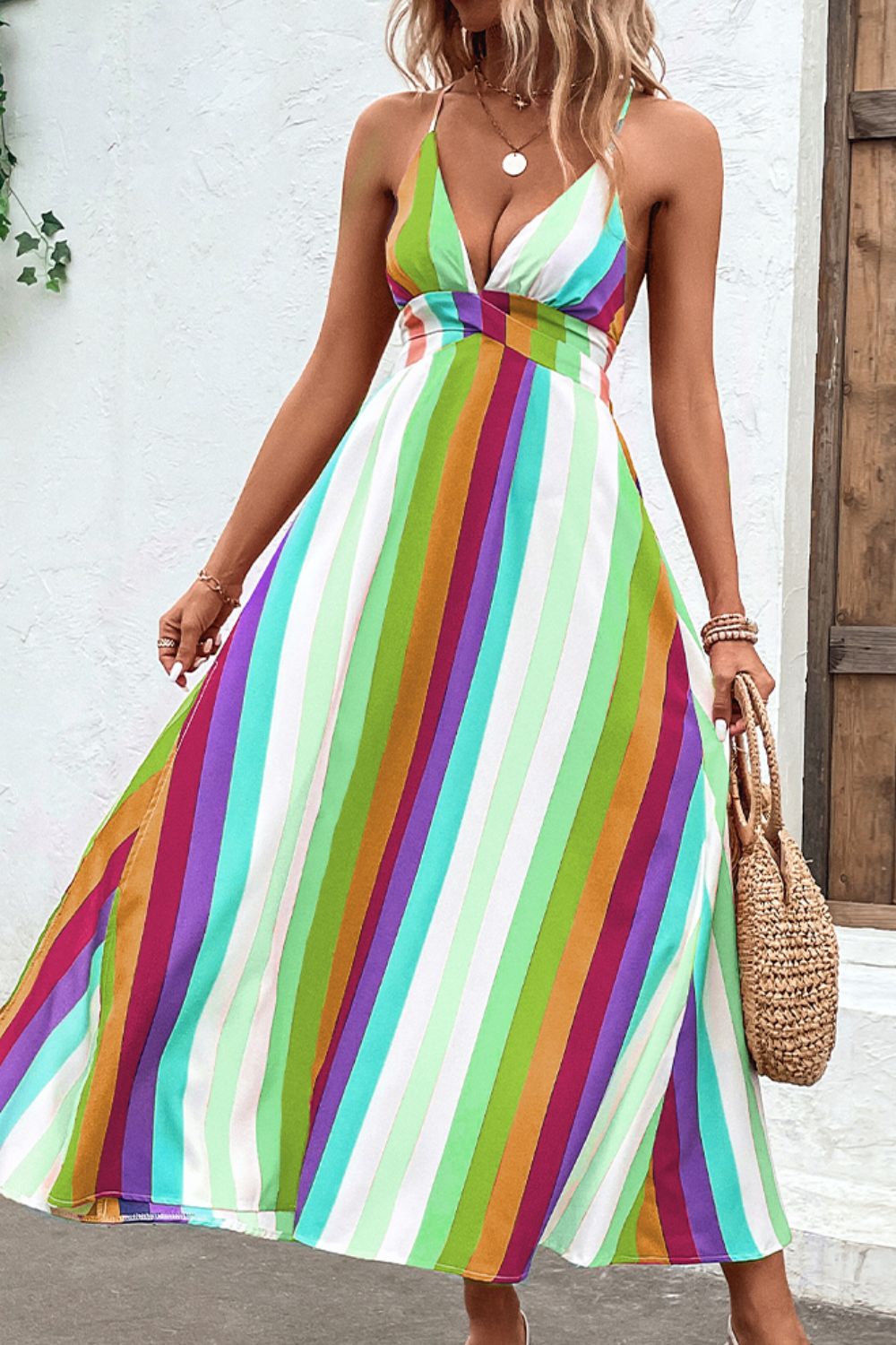 Multicolored Stripe Crisscross Backless Dress