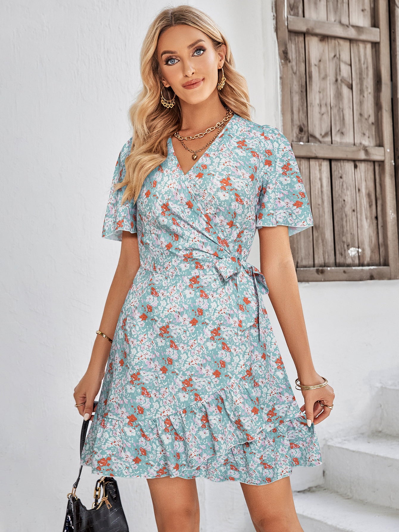 Floral Short Sleeve Ruffle Hem Dress