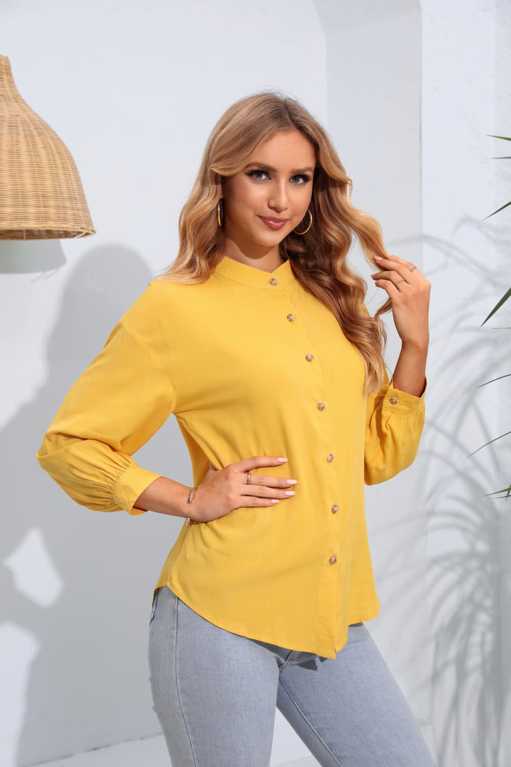 Mock Neck Buttoned Long Sleeve Shirt