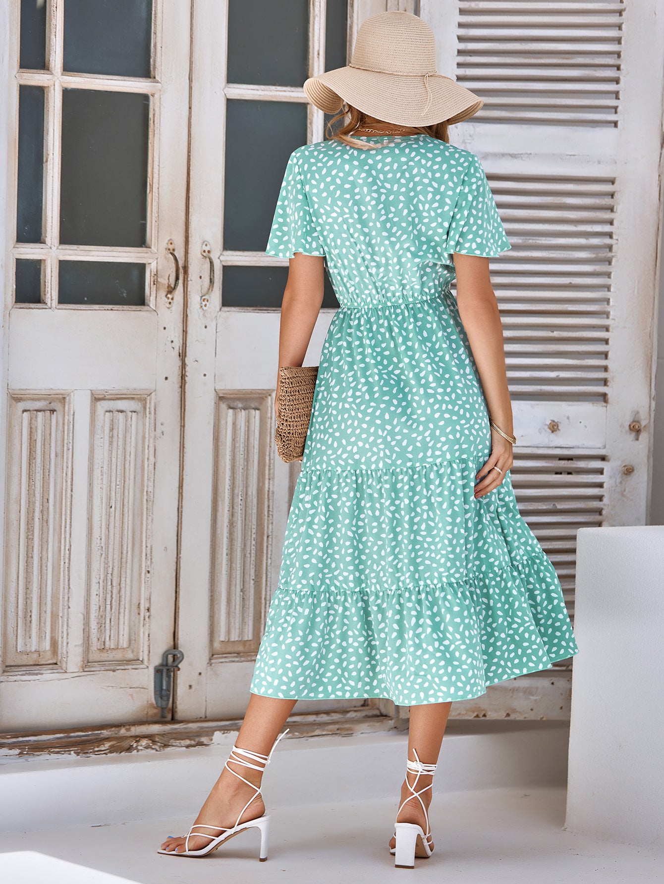 Printed Flutter Sleeve Tiered Dress