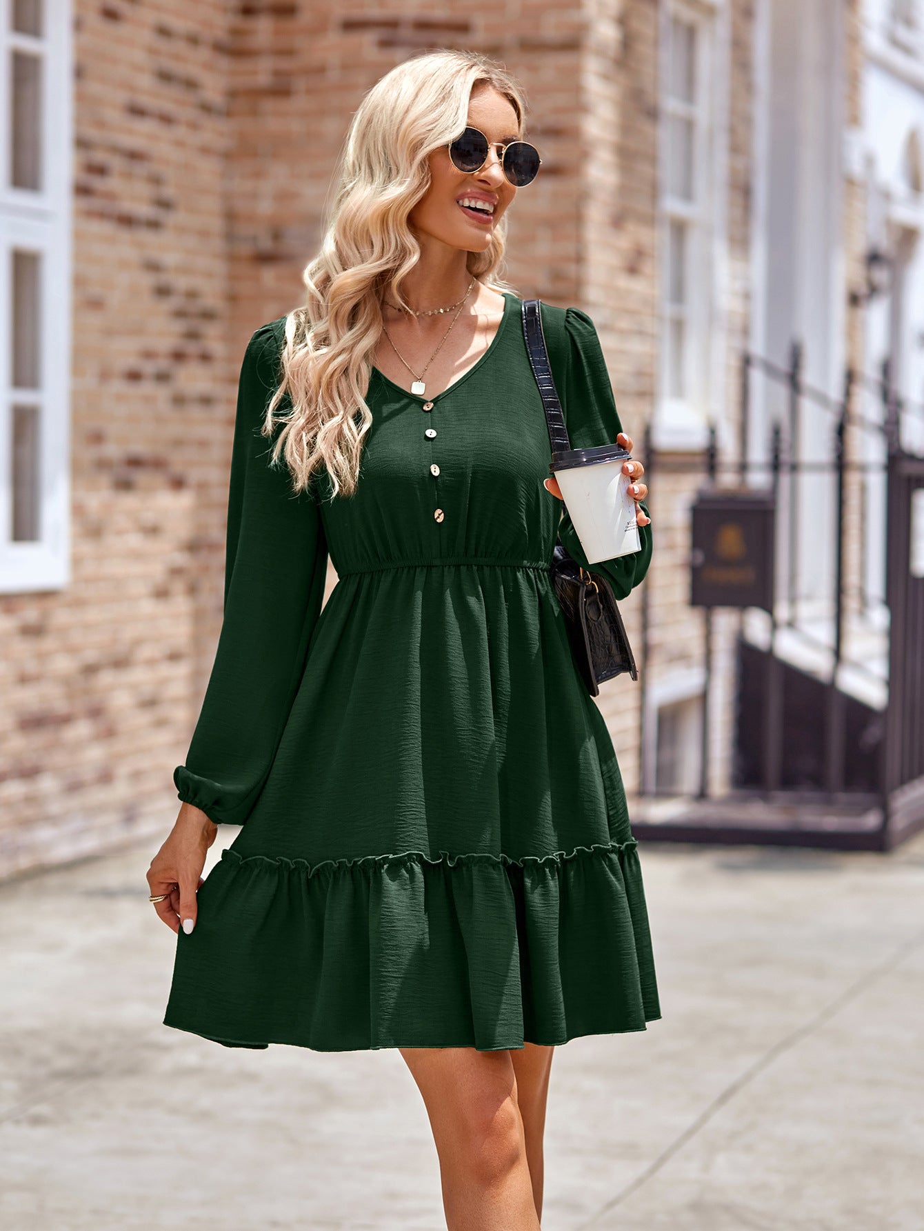 Frill Trim Buttoned V-Neck Puff Sleeve Dress