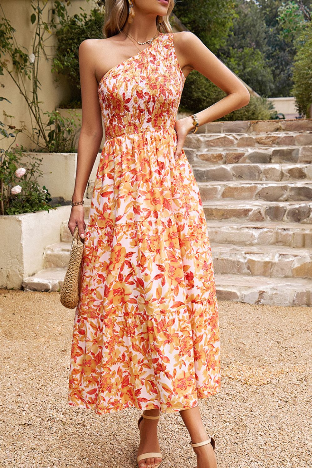 Floral One-Shoulder Sleeveless Dress with Pockets