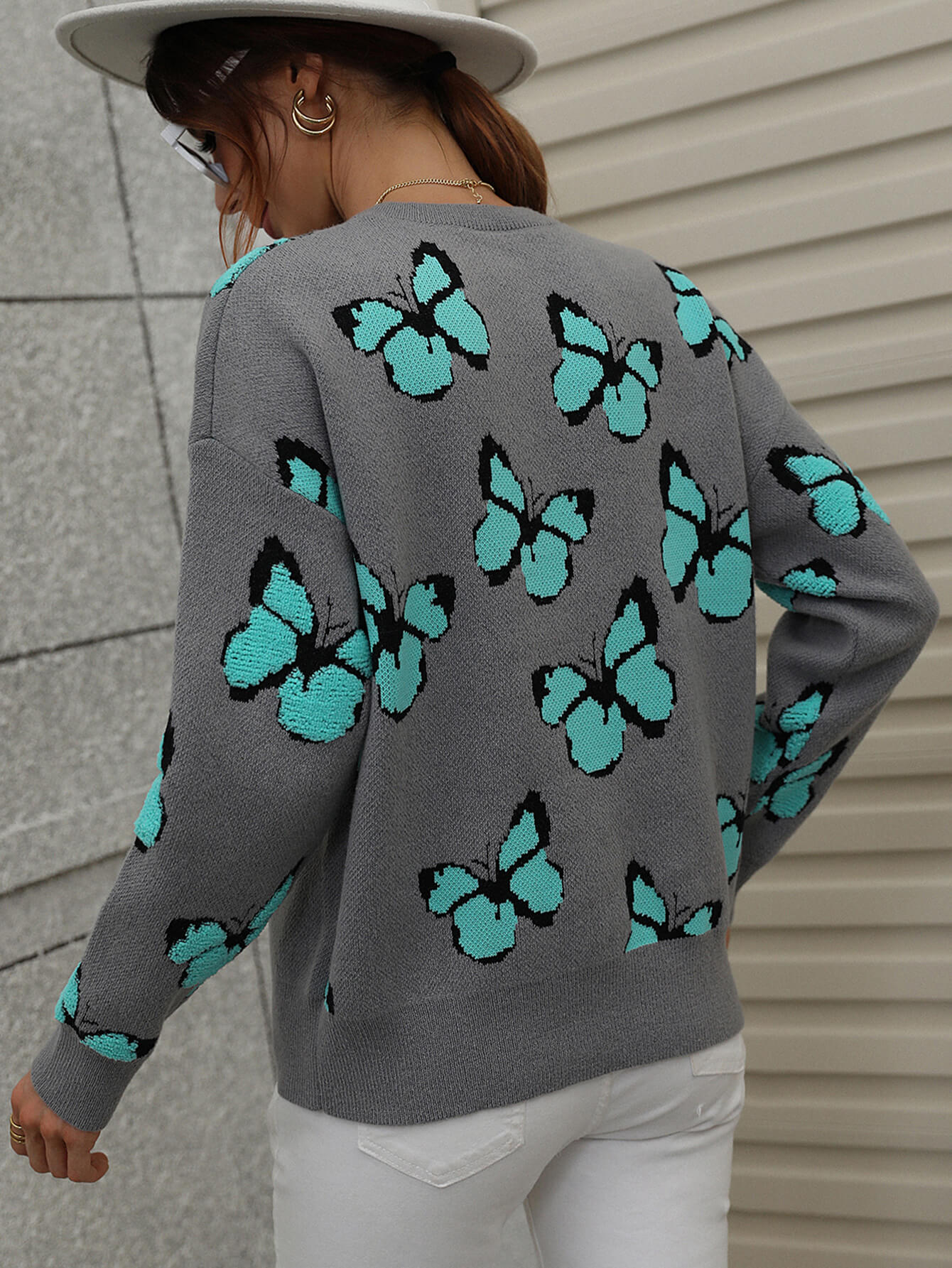 Butterfly Dropped Shoulder Crewneck Sweater