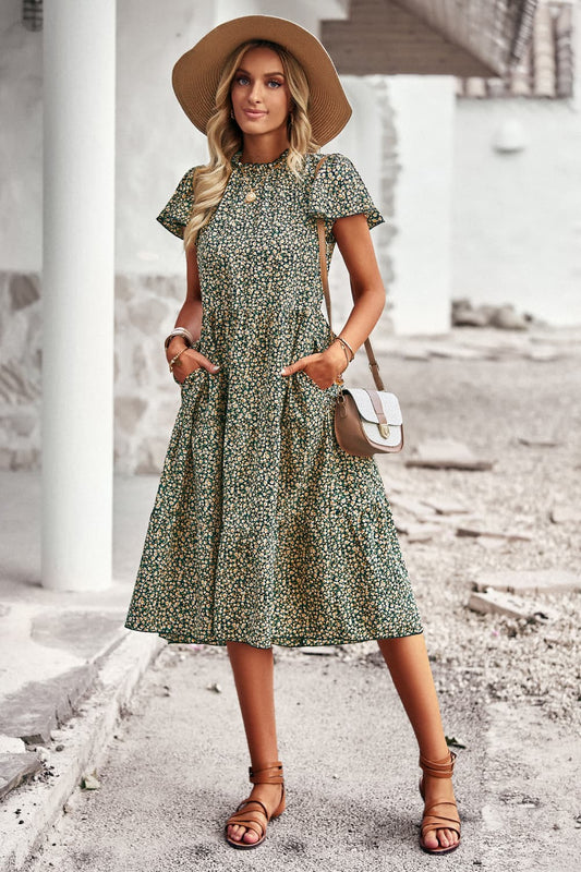 Round Neck Flutter Sleeve Midi Dress