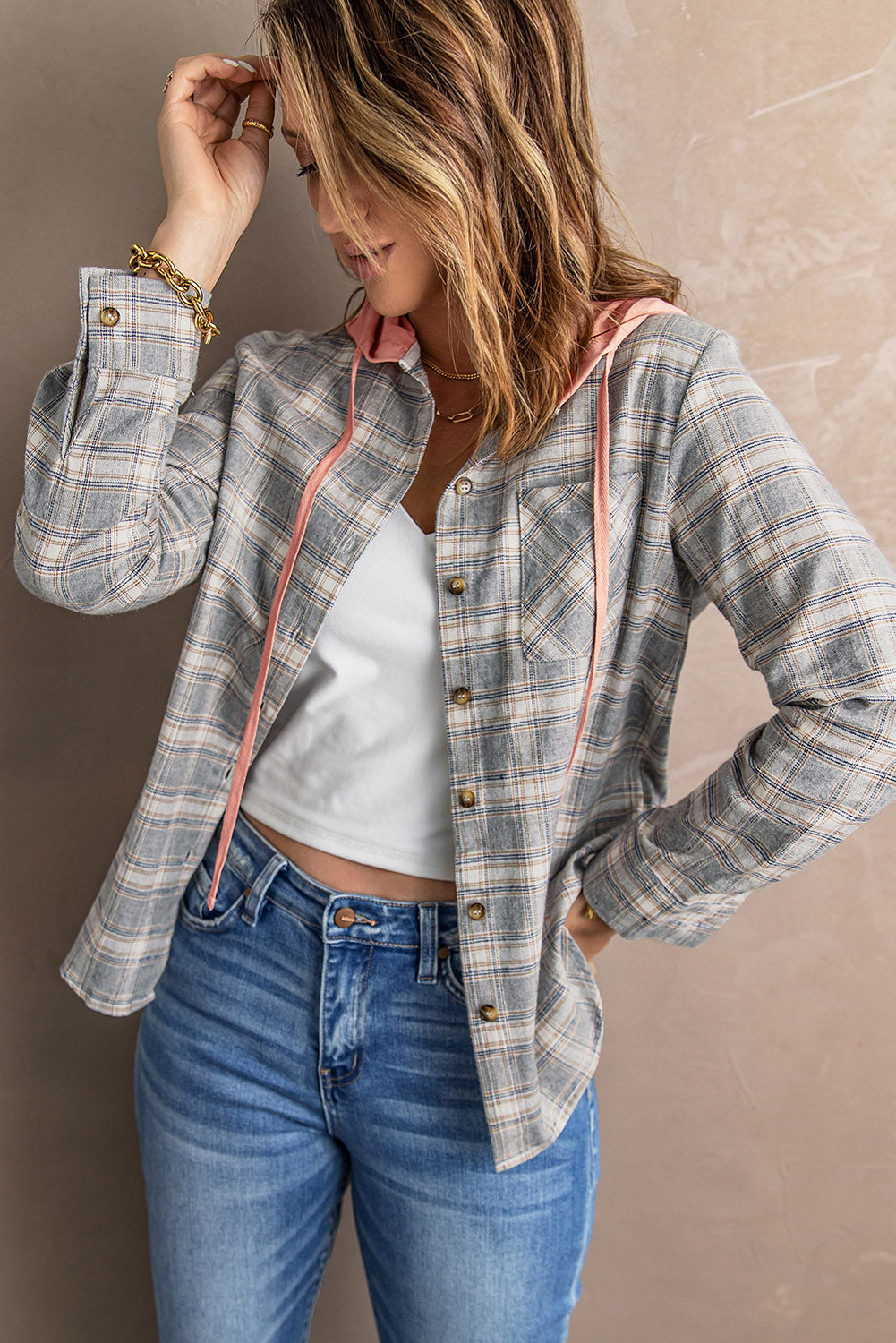 Plaid Drawstring Hooded Shirt Jacket