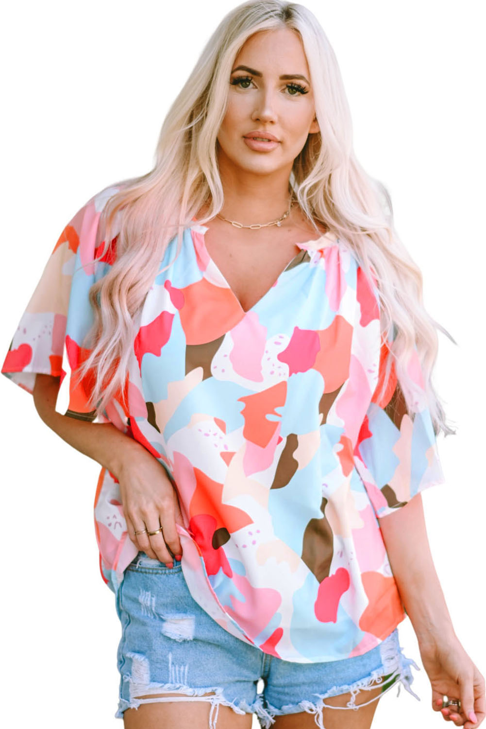 Printed Notched Neck Half Sleeve Blouse