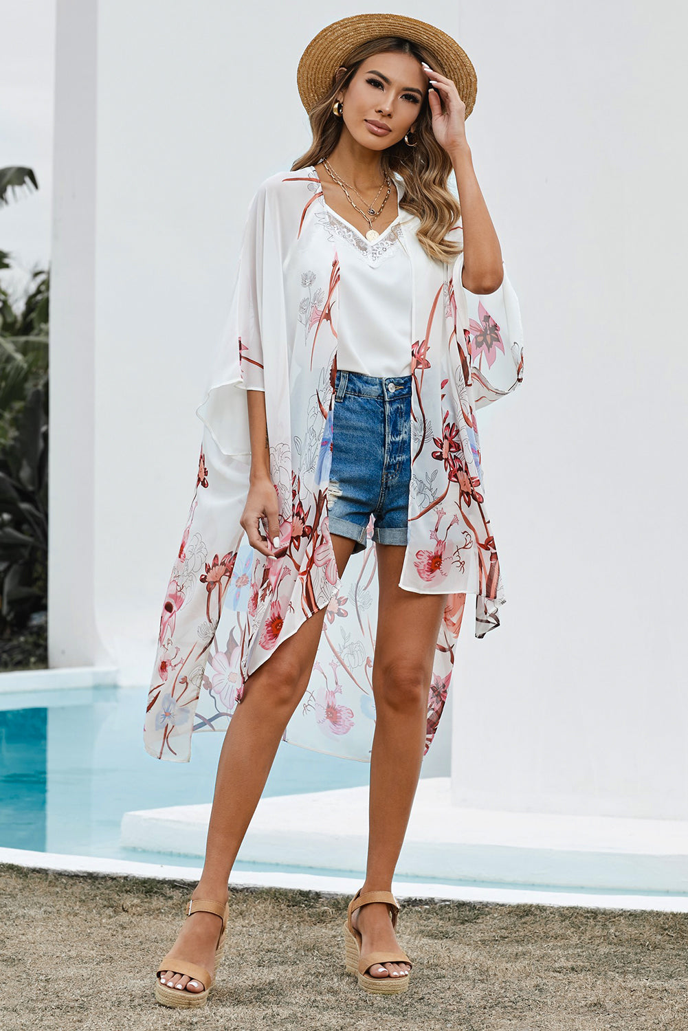 Floral Print High-Low Cardigan