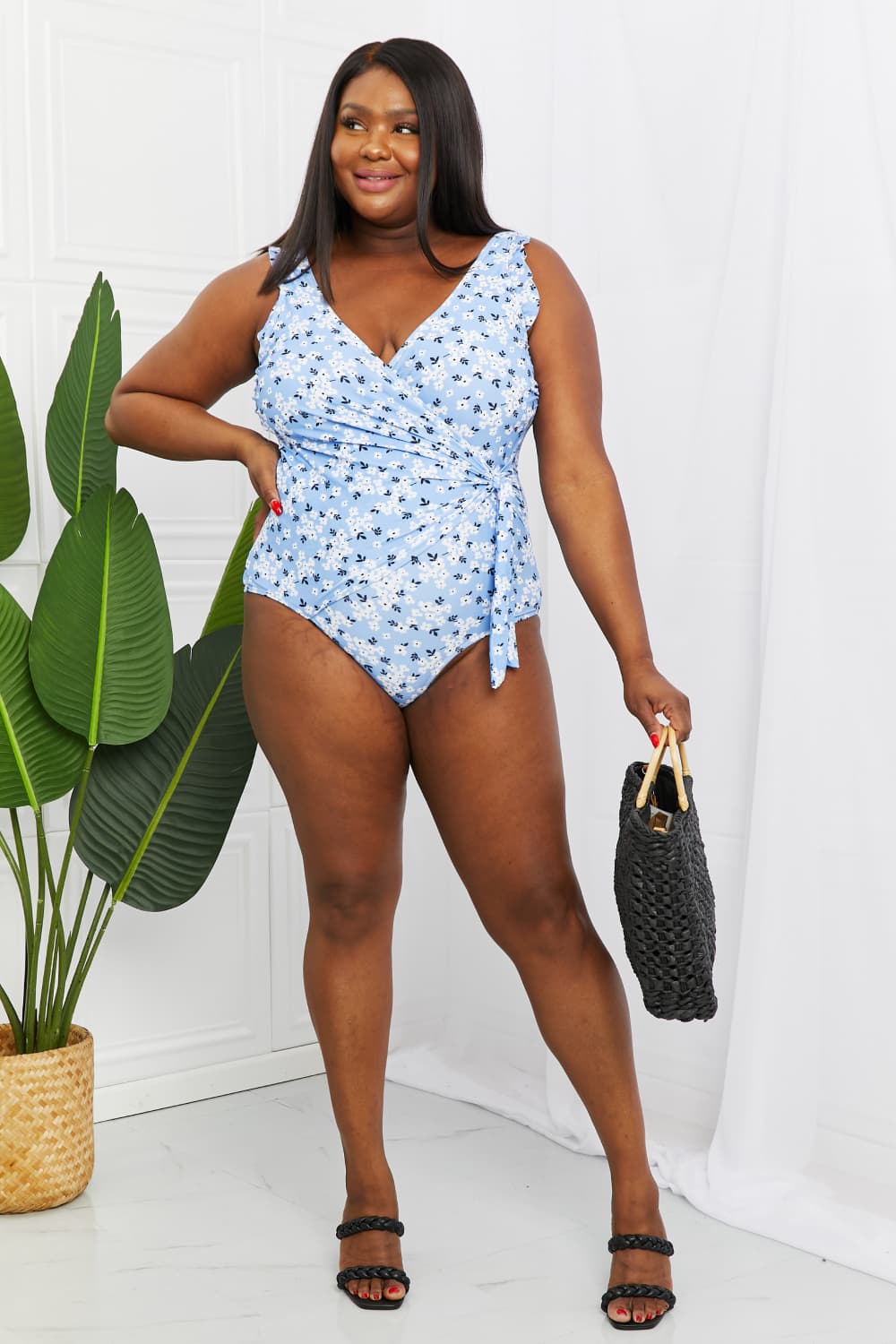 Marina West Swim Full Size Float On Ruffle Faux Wrap One-Piece in Blossom Blue