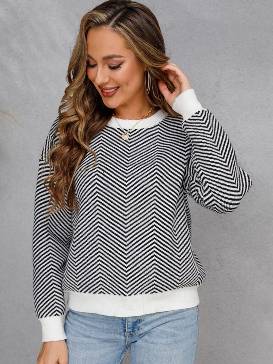 Chevron Ribbed Trim Dropped Shoulder Knit Pullover