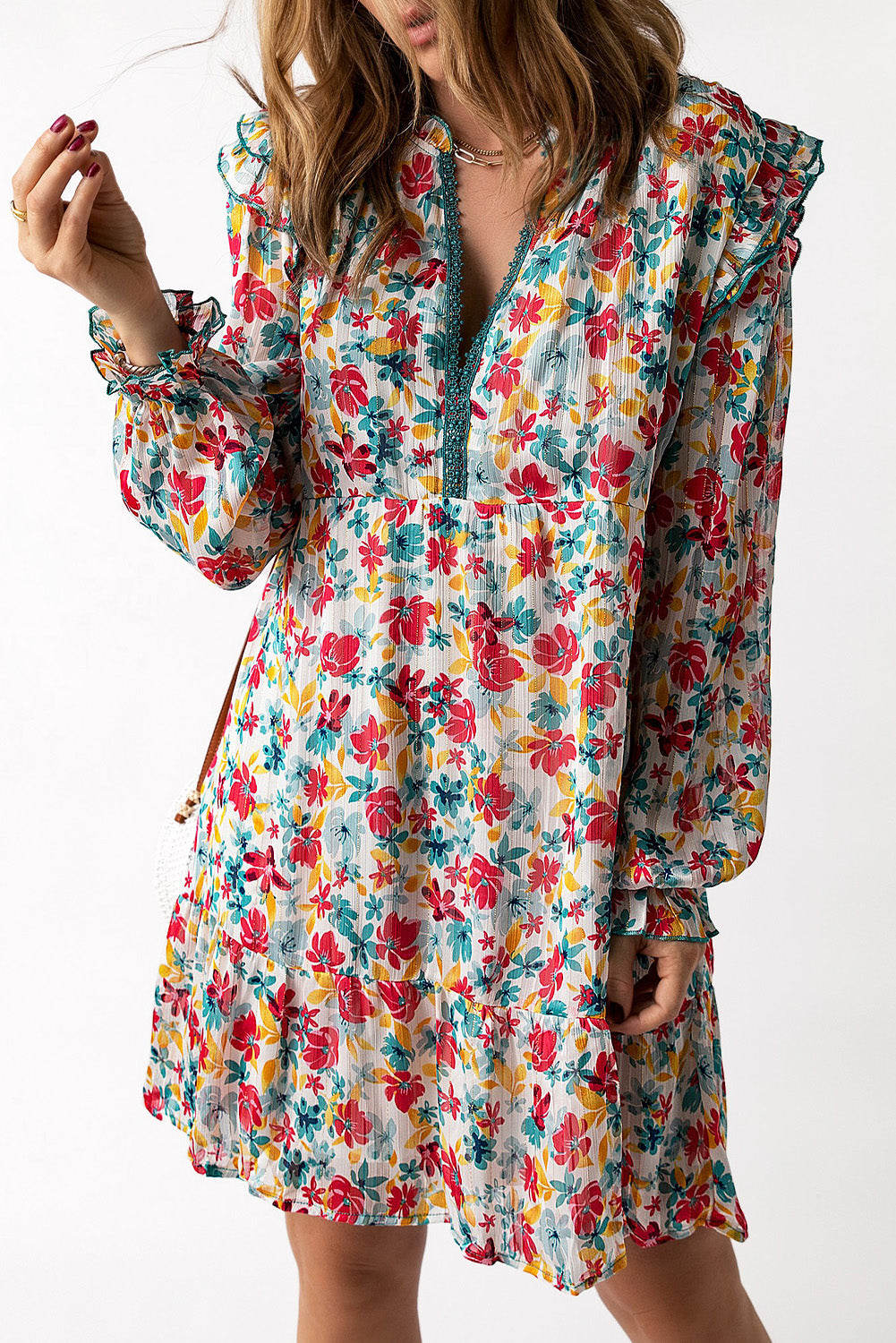 Floral Notched Neck Flounce Sleeve Dress