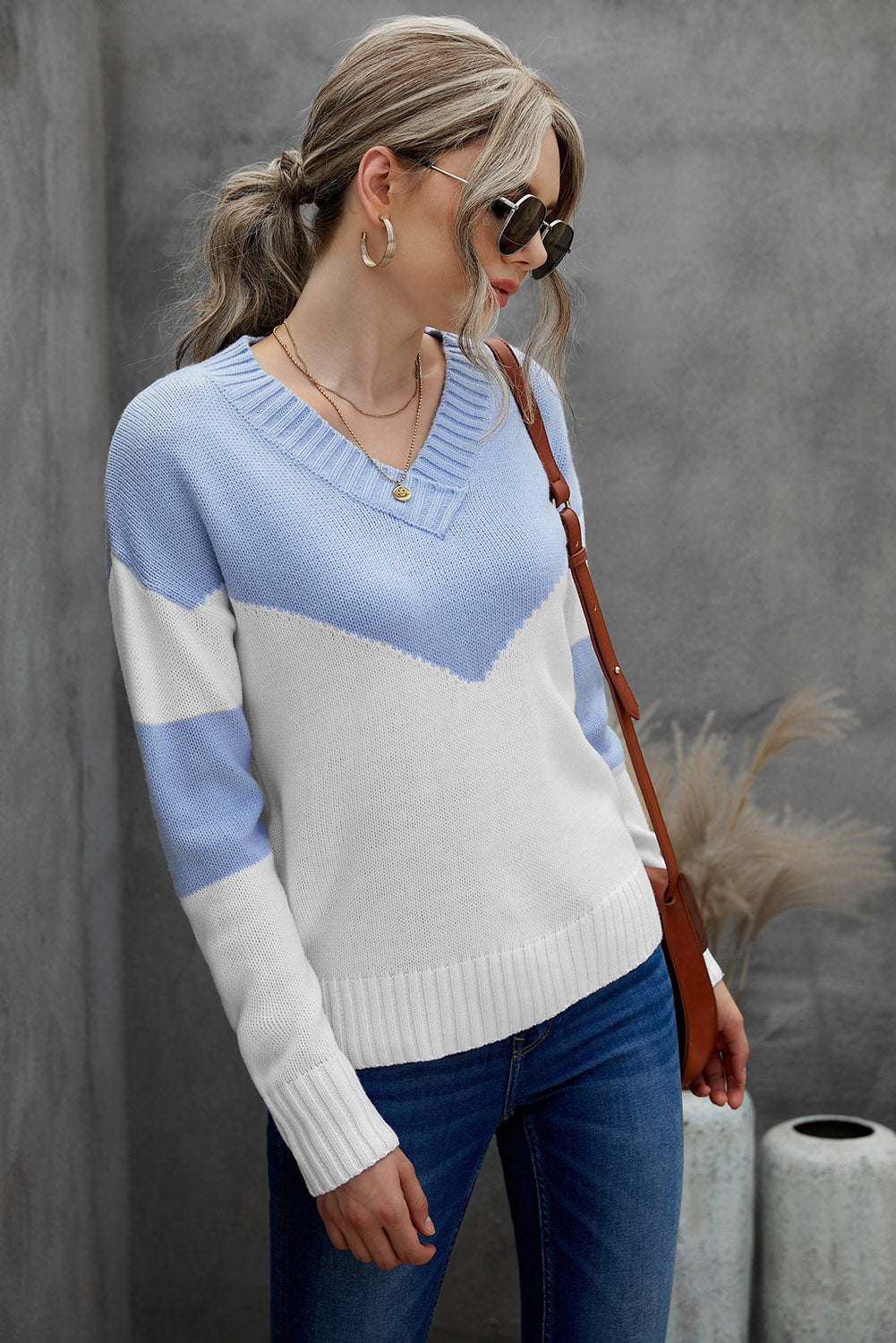 Chevron Color Block V-Neck Dropped Shoulder Sweater