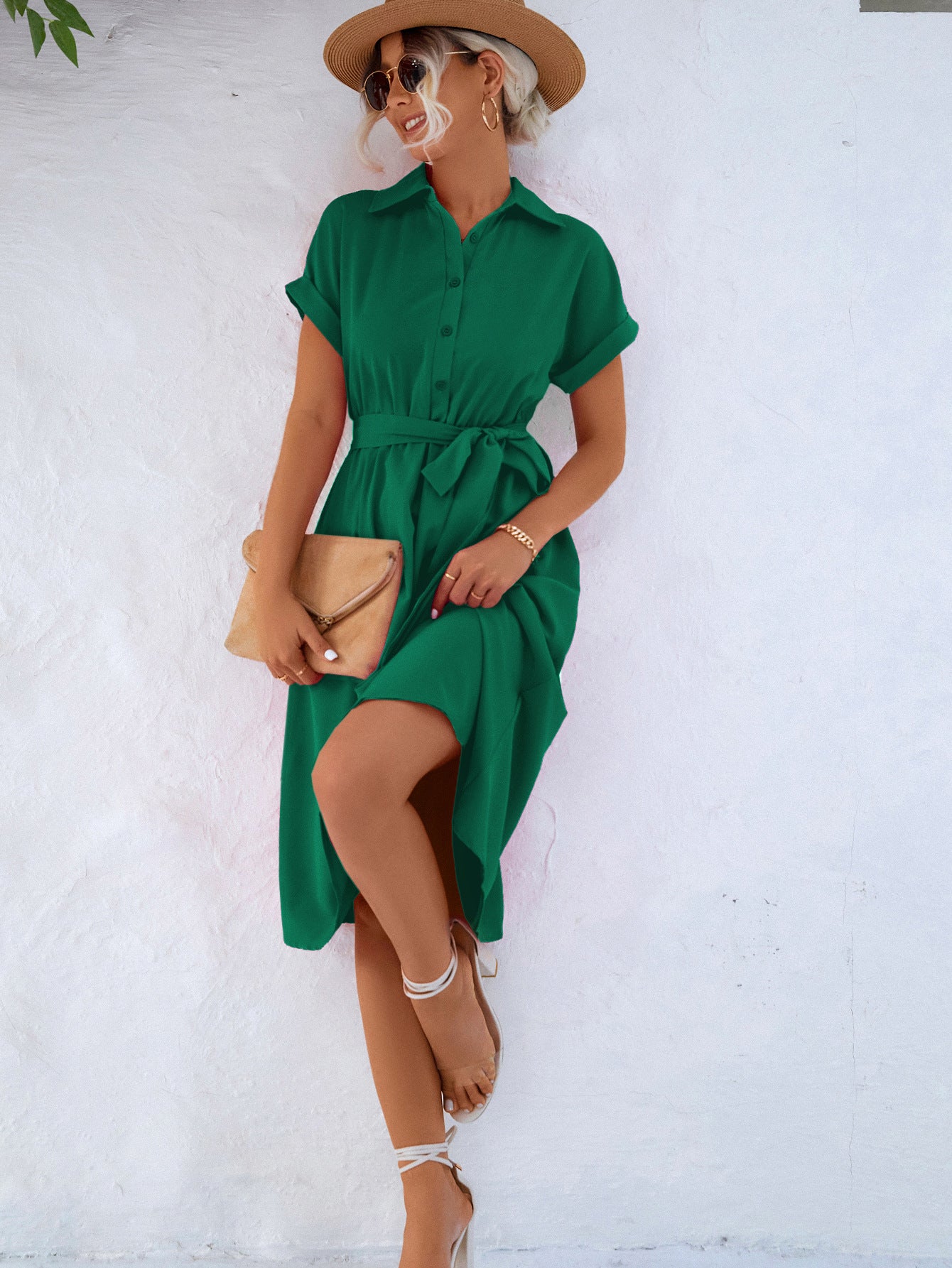 Cuffed Short Sleeve Belted Shirt Dress