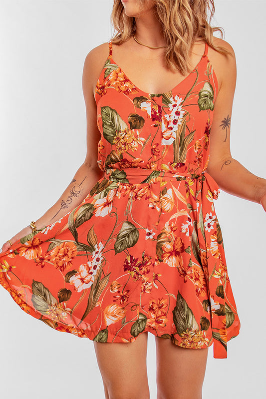 Floral Spaghetti Strap Tie Waist Dress