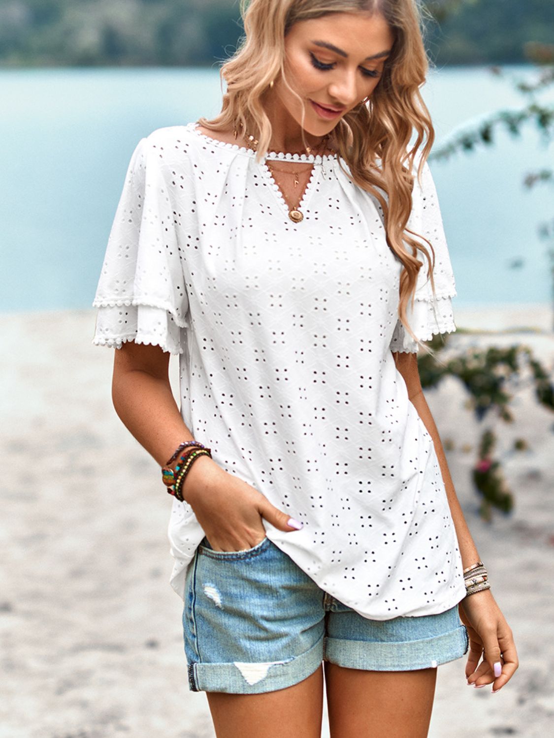 Eyelet Round Neck Puff Sleeve Blouse