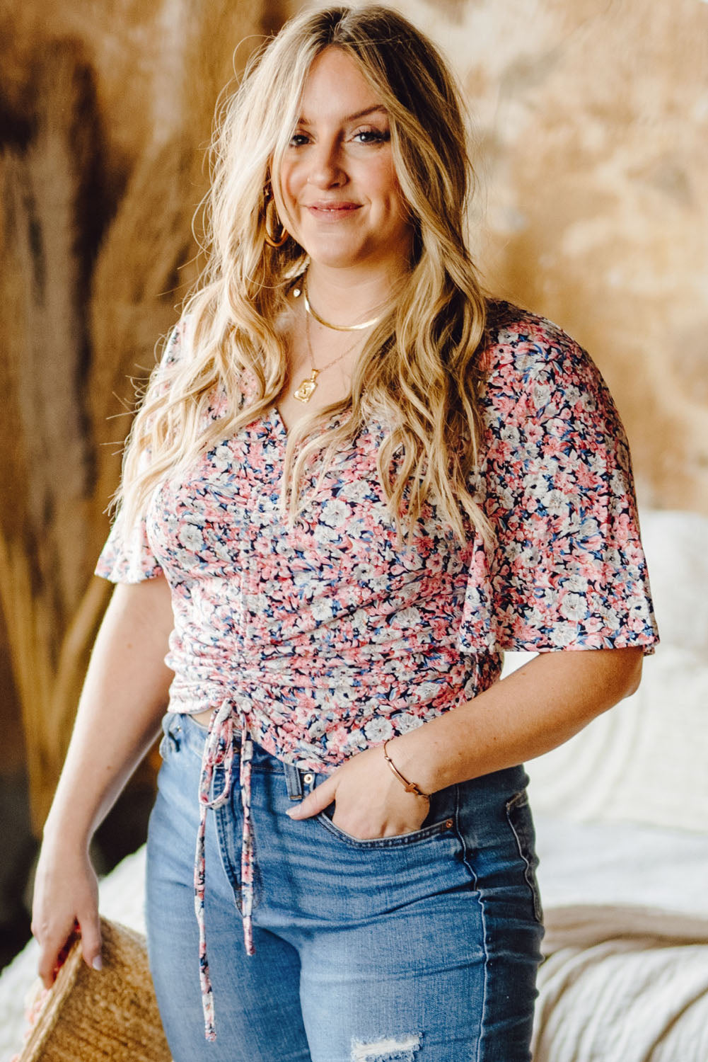 Plus Size Floral Drawstring Detail Blouse