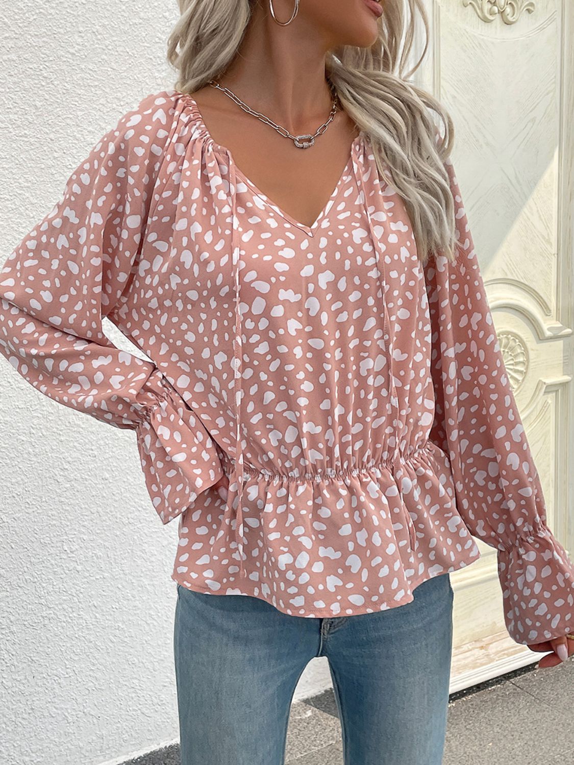 Printed Tie Neck Flounce Sleeve Peplum Top