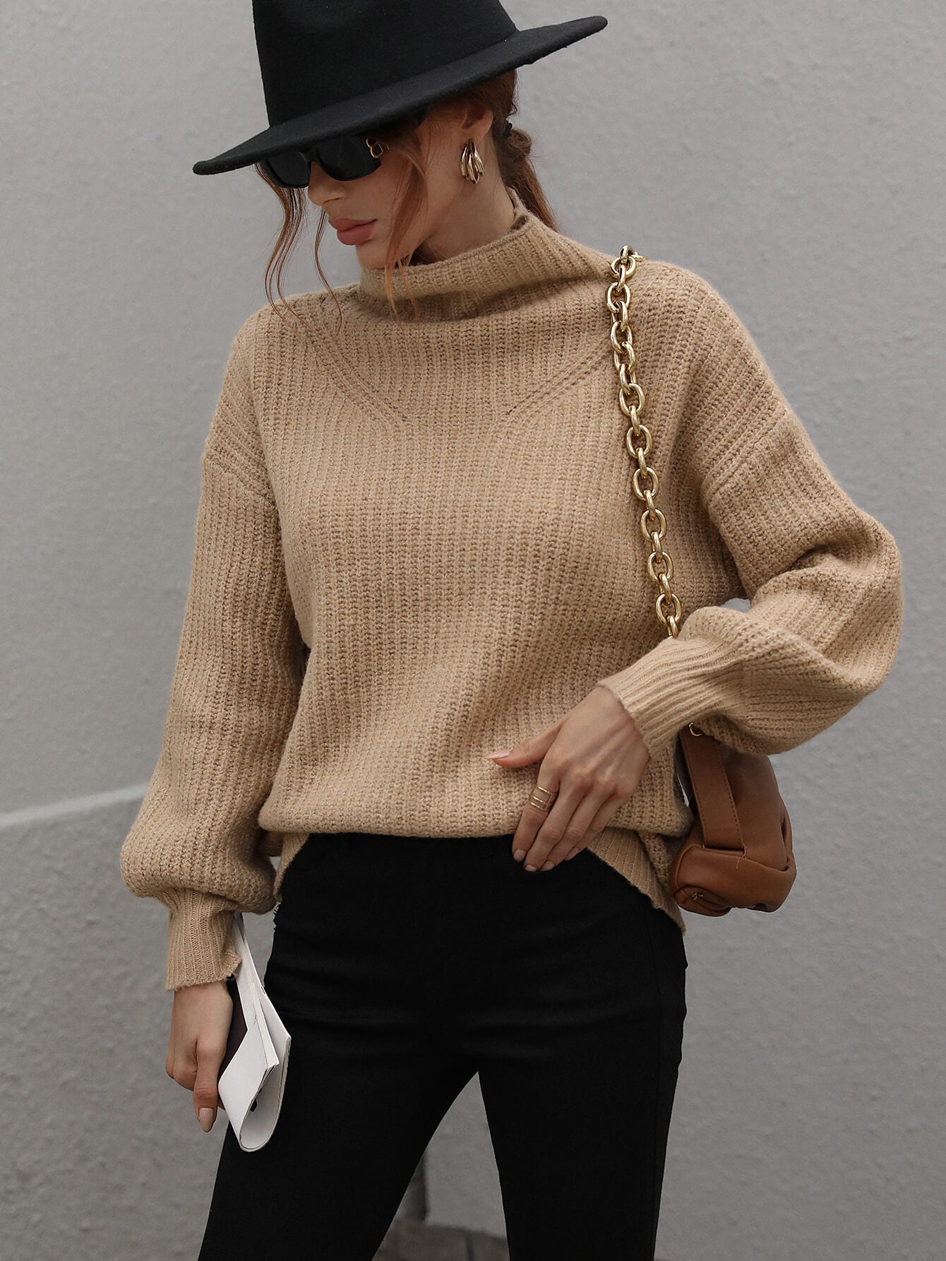 High Neck Balloon Sleeve Rib-Knit Pullover Sweater