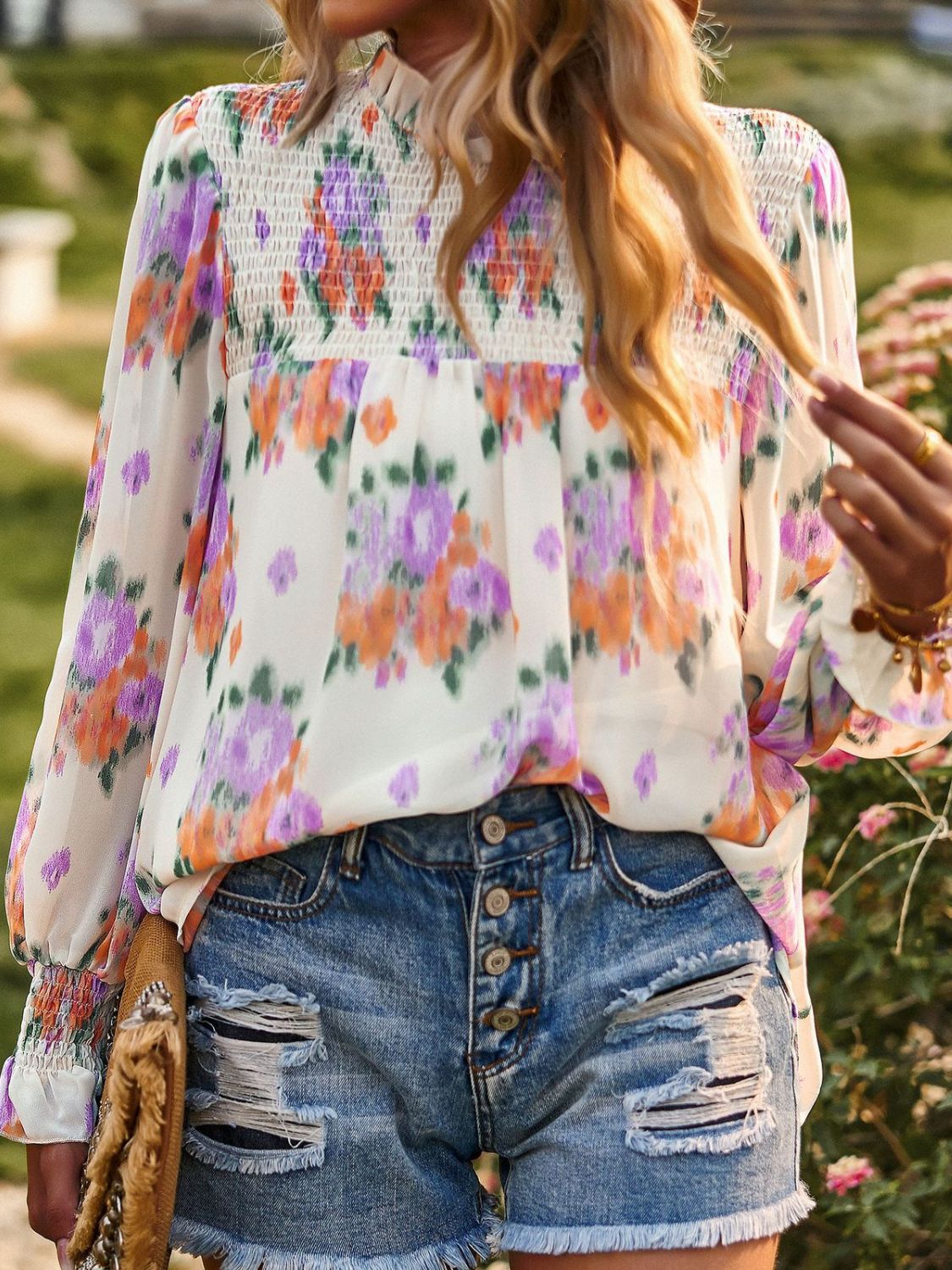 Floral Smocked Lantern Sleeve Blouse