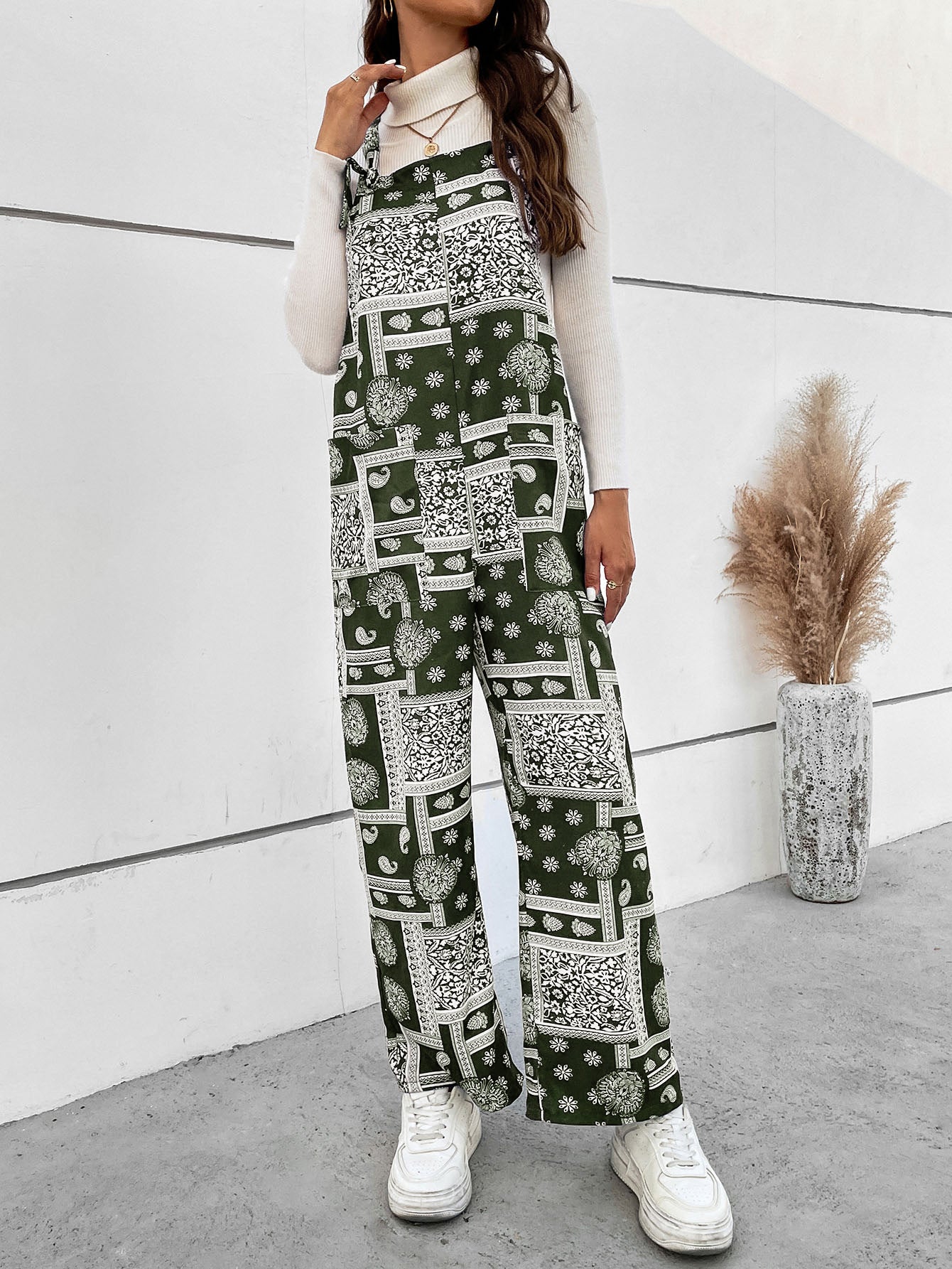 Printed Straight Leg Jumpsuit with Pockets