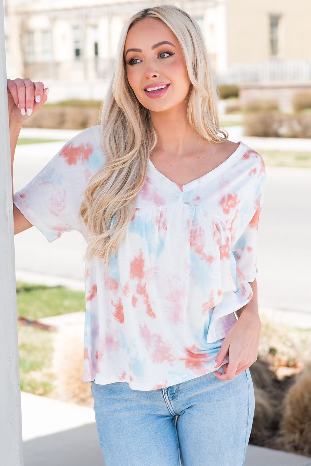 Tie-Dye V-Neck Tie Back Top