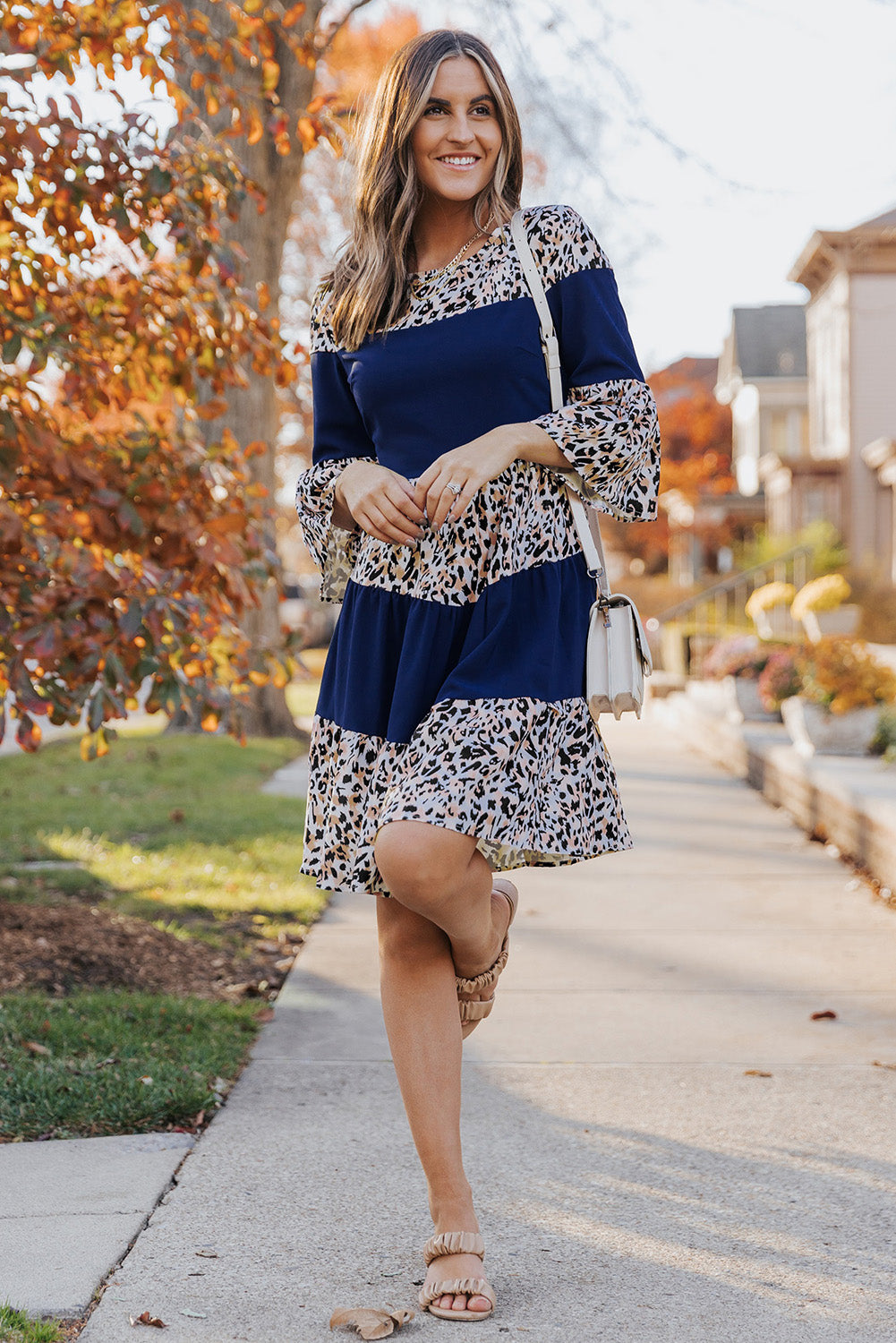 Animal Print Color Block Flare Sleeve Dress