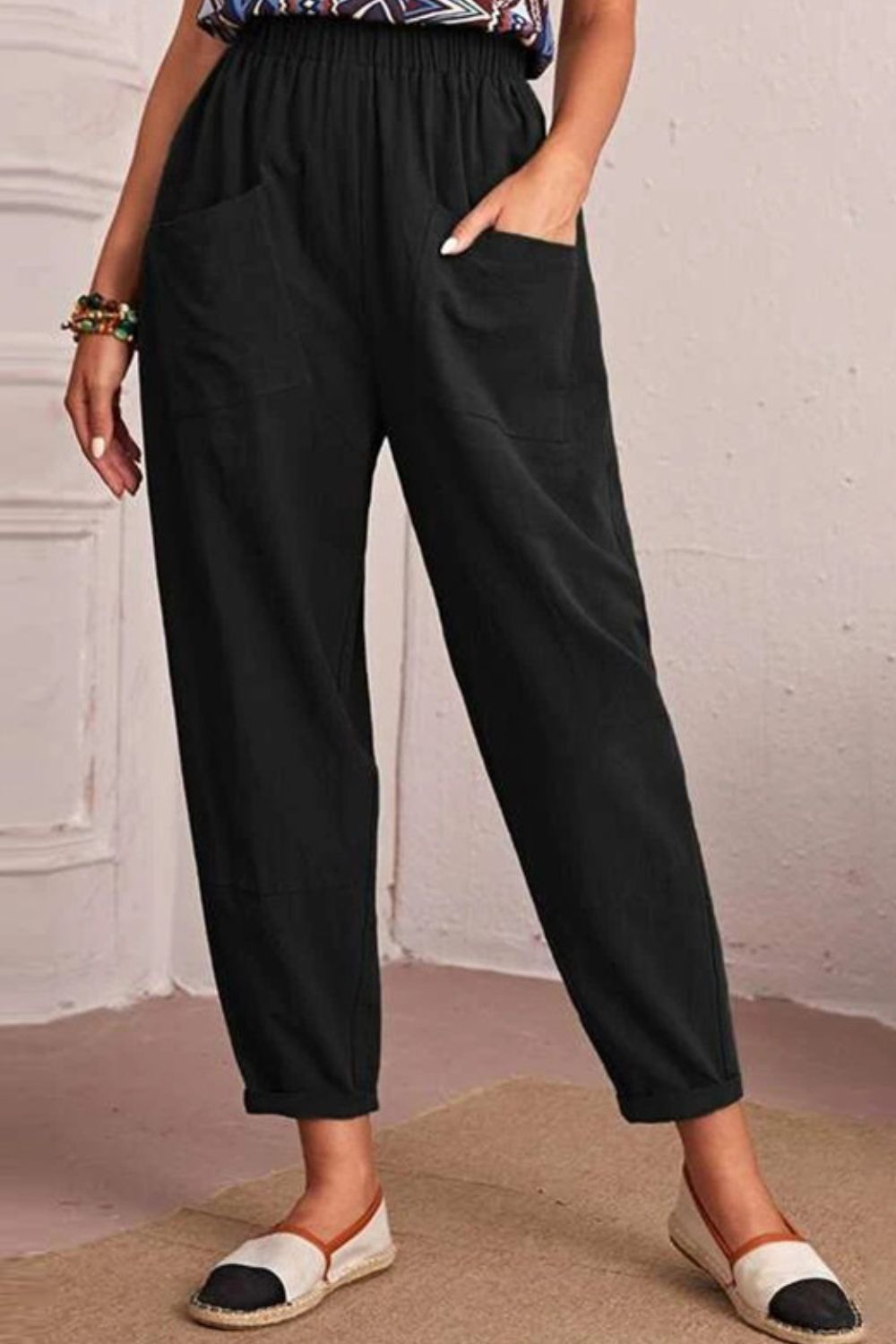 Elastic Waist Pocket Tapered Pants