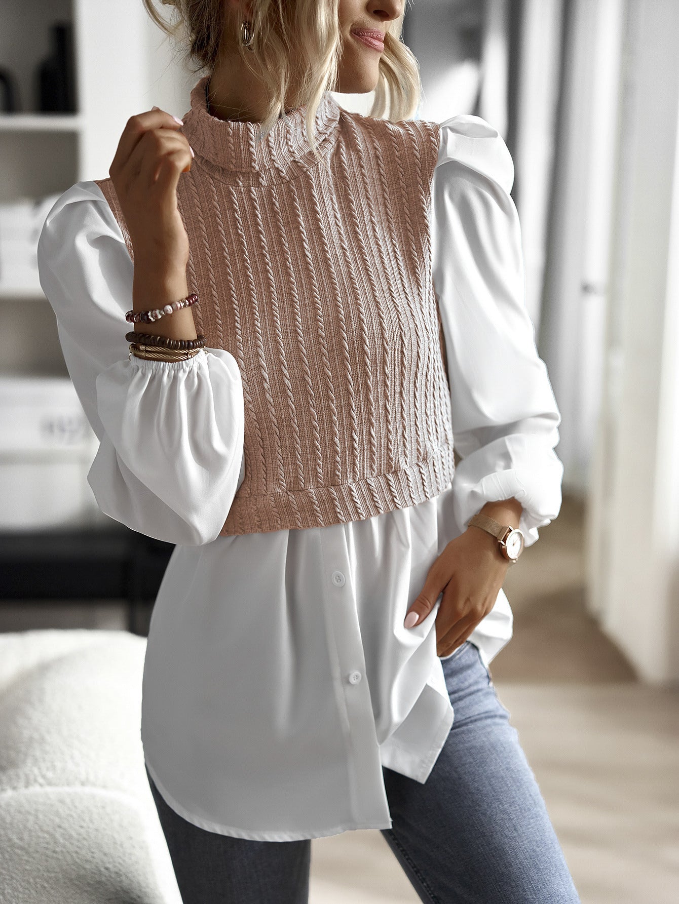 Contrast Cable-Knit Mock Neck Top