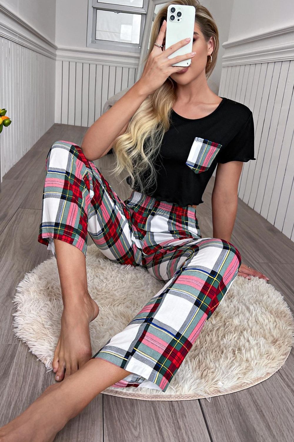 Lettuce Trim Cropped T-Shirt and Plaid Pants Lounge Set