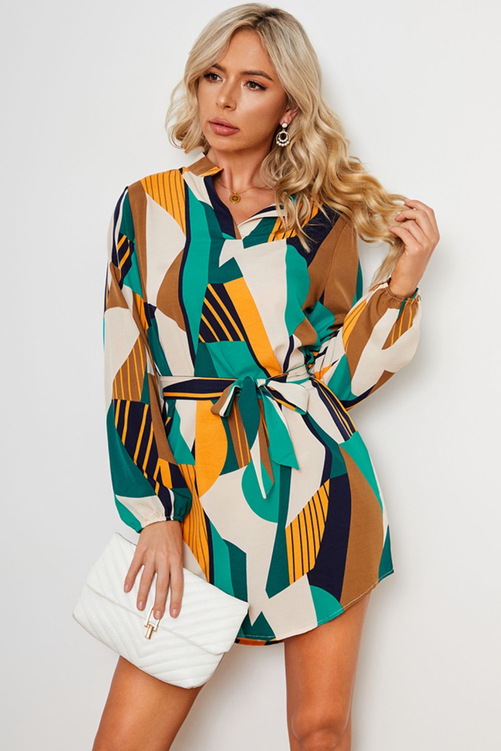 Geometric Print Belted Curved Hem Dress