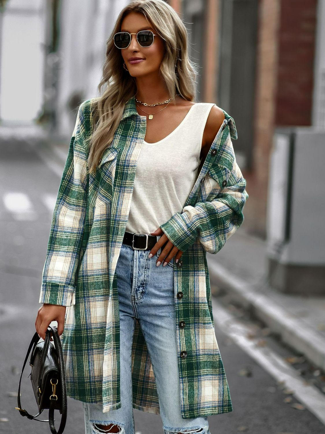 Plaid Button-Up Longline Jacket with Pockets