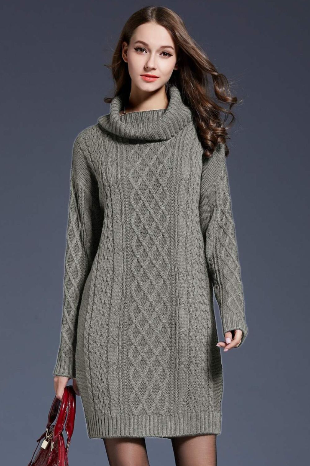 Full Size Mixed Knit Cowl Neck Dropped Shoulder Sweater Dress