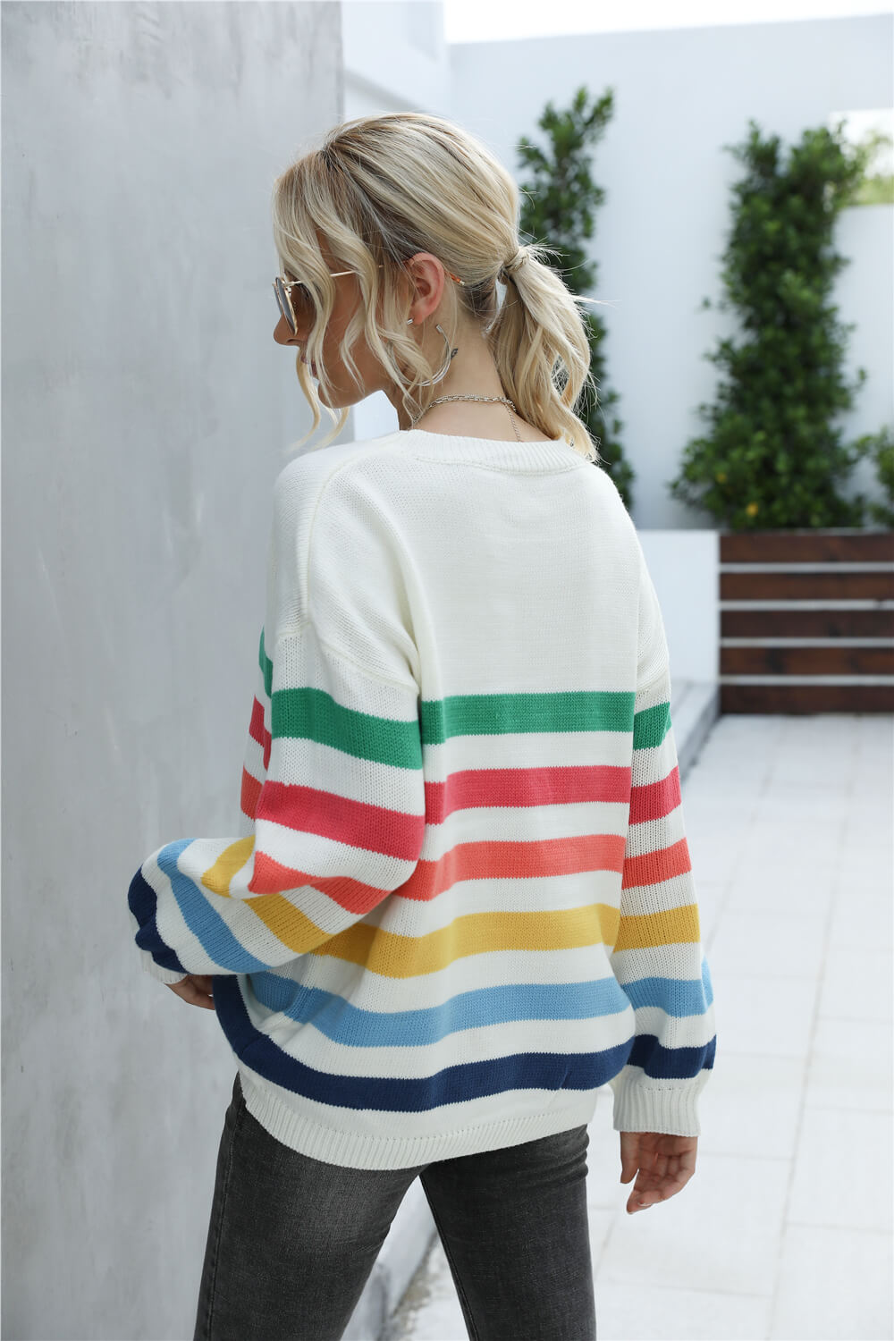 Rainbow Stripe Dropped Shoulder Sweater