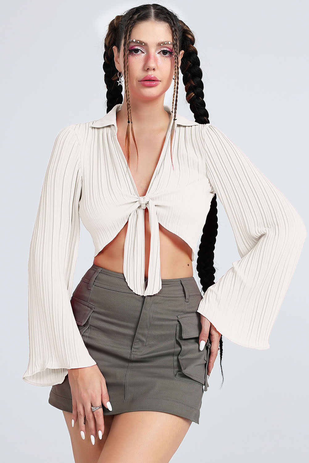 Tie Front Johnny Collar Flare Sleeve Cropped Top