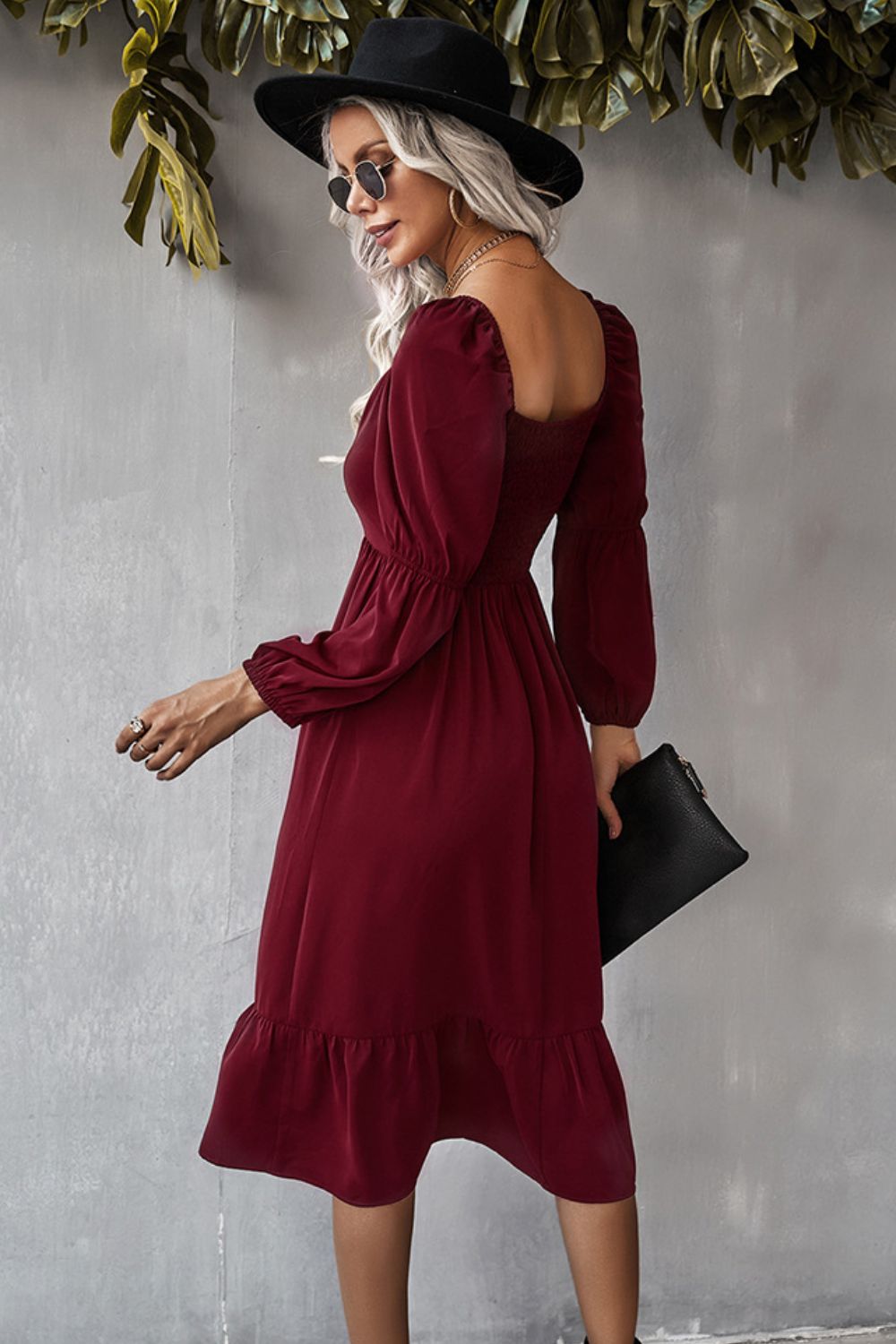 Square Neck Ruffle Hem Long Bubble Sleeve Midi Dress