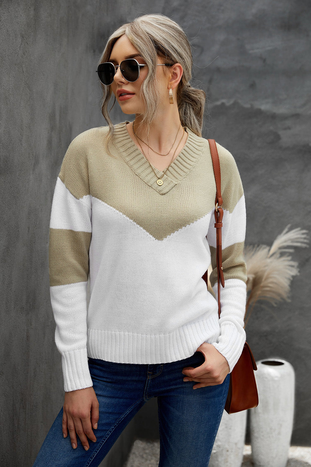 Chevron Color Block V-Neck Dropped Shoulder Sweater