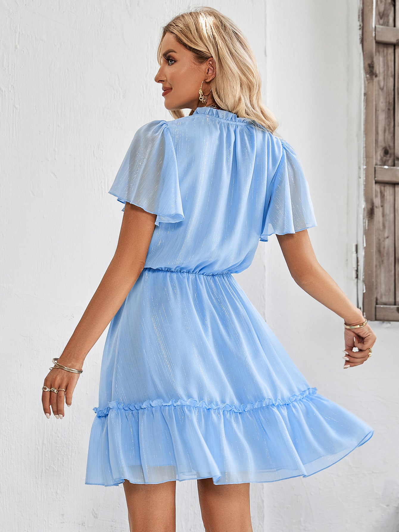 Frill Trim Tie Neck Flutter Sleeve Dress