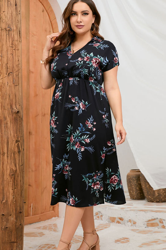 Plus Size Floral Johnny Collar Short Sleeve Dress