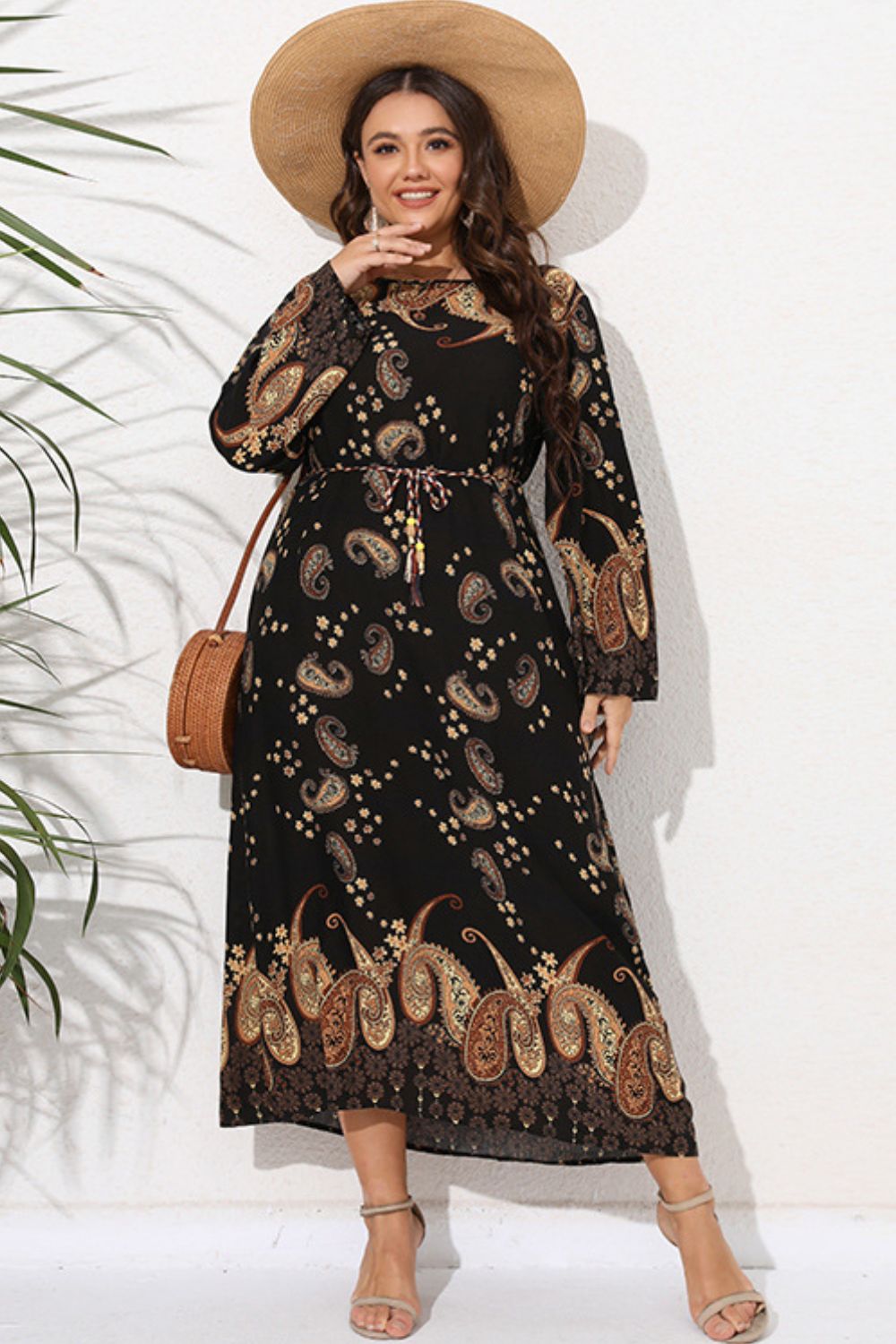 Full Size Tie Waist Round Neck Long Sleeve Midi Dress