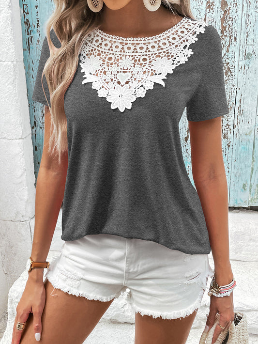 Spliced Lace Contrast Short Sleeve Top