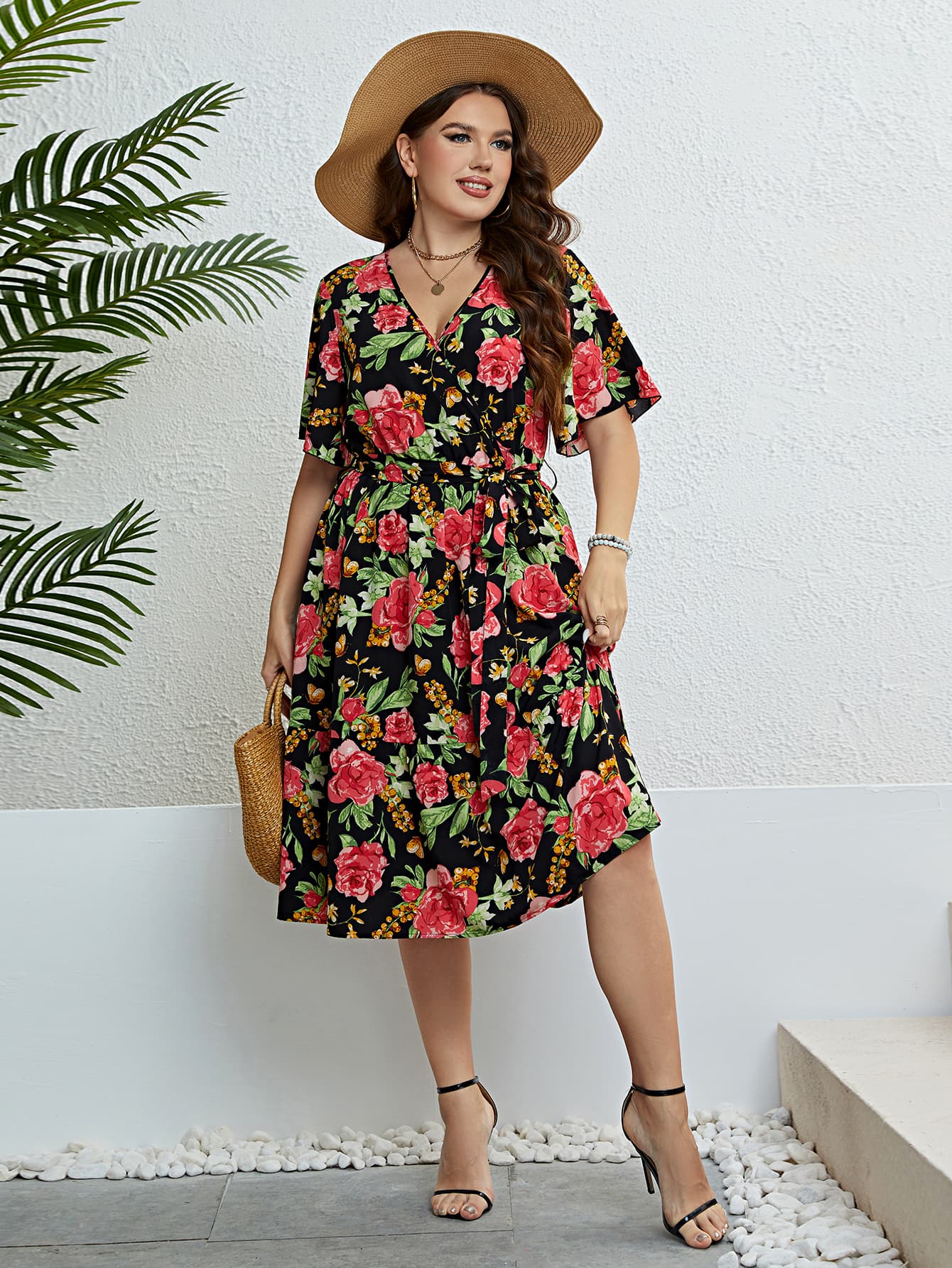 Plus Size Floral Tie Belt Surplice Dress